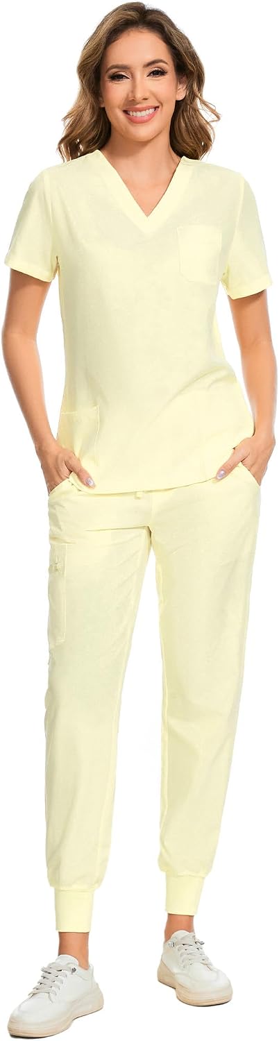 COZYFIT Damen-Kasack-Set – Stretch-V-Ausschnitt & Jogginghose mit 9 Taschen
