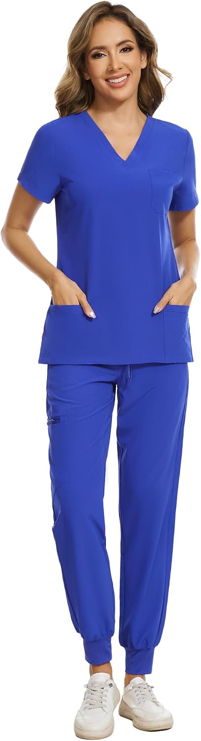COZYFIT Damen-Kasack-Set – Stretch-V-Ausschnitt & Jogginghose mit 9 Taschen