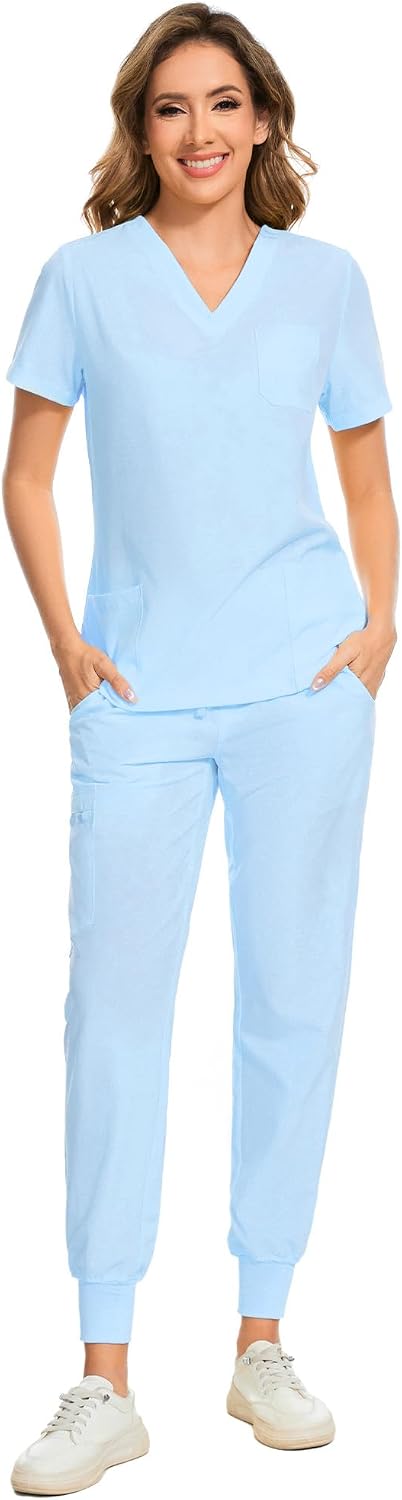 COZYFIT Damen-Kasack-Set – Stretch-V-Ausschnitt & Jogginghose mit 9 Taschen