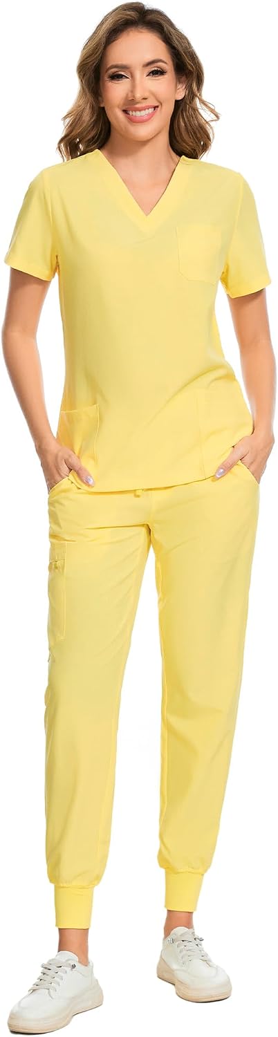COZYFIT Damen-Kasack-Set – Stretch-V-Ausschnitt & Jogginghose mit 9 Taschen
