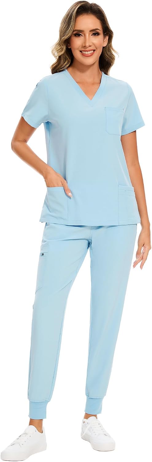 COZYFIT Damen-Kasack-Set – Stretch-V-Ausschnitt & Jogginghose mit 9 Taschen