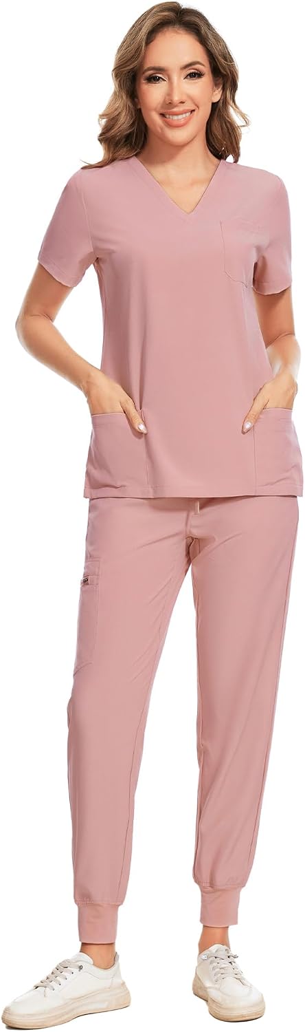 COZYFIT Damen-Kasack-Set – Stretch-V-Ausschnitt & Jogginghose mit 9 Taschen