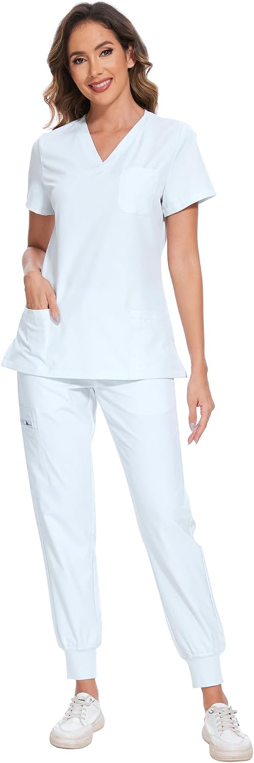 COZYFIT Damen-Kasack-Set – Stretch-V-Ausschnitt & Jogginghose mit 9 Taschen
