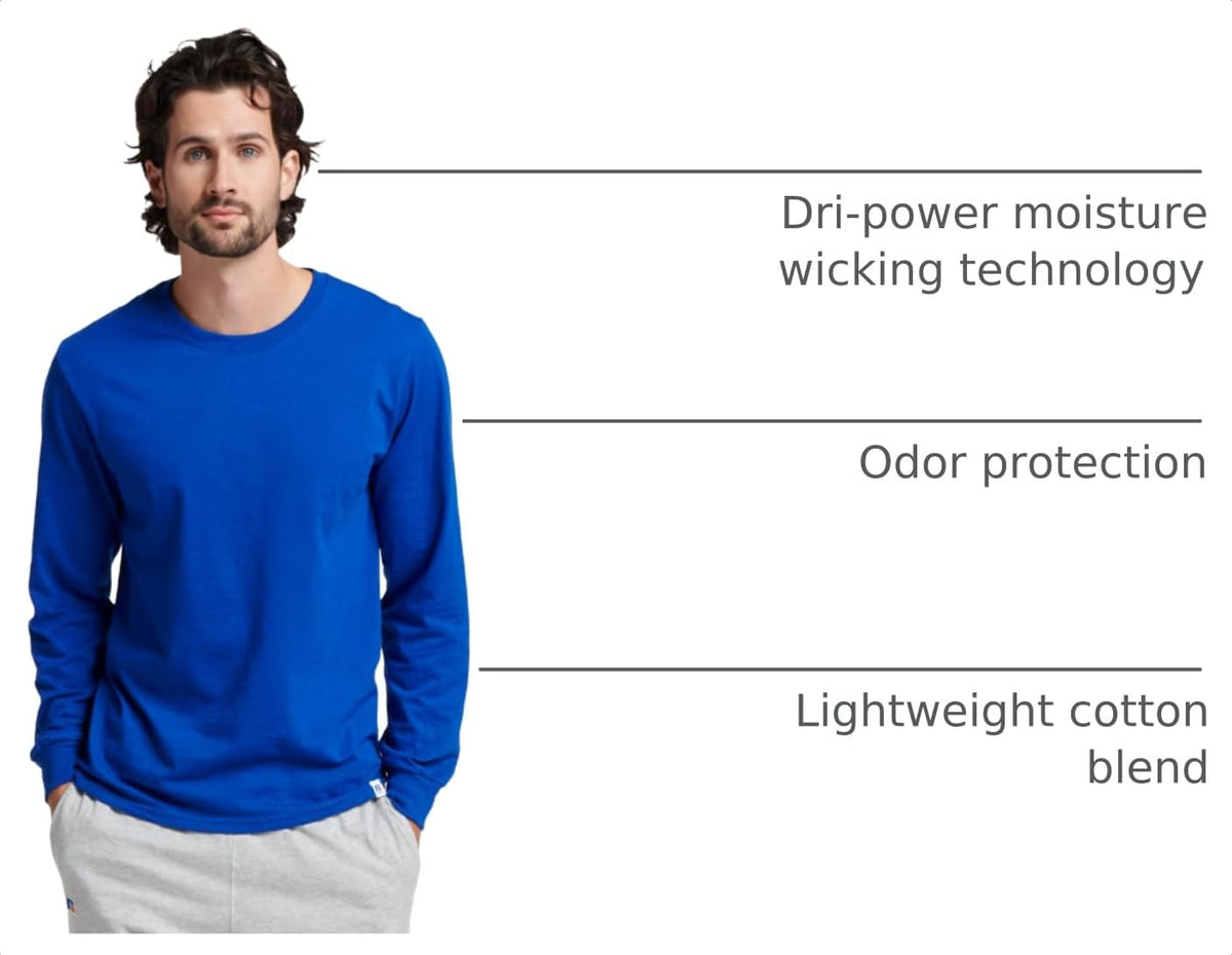 Russell Athletic Men's Dri-Power Long Sleeve Tees, Moisture Wicking, Odor Protection, UPF 30+