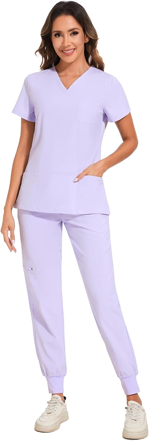 COZYFIT Damen-Kasack-Set – Stretch-V-Ausschnitt & Jogginghose mit 9 Taschen
