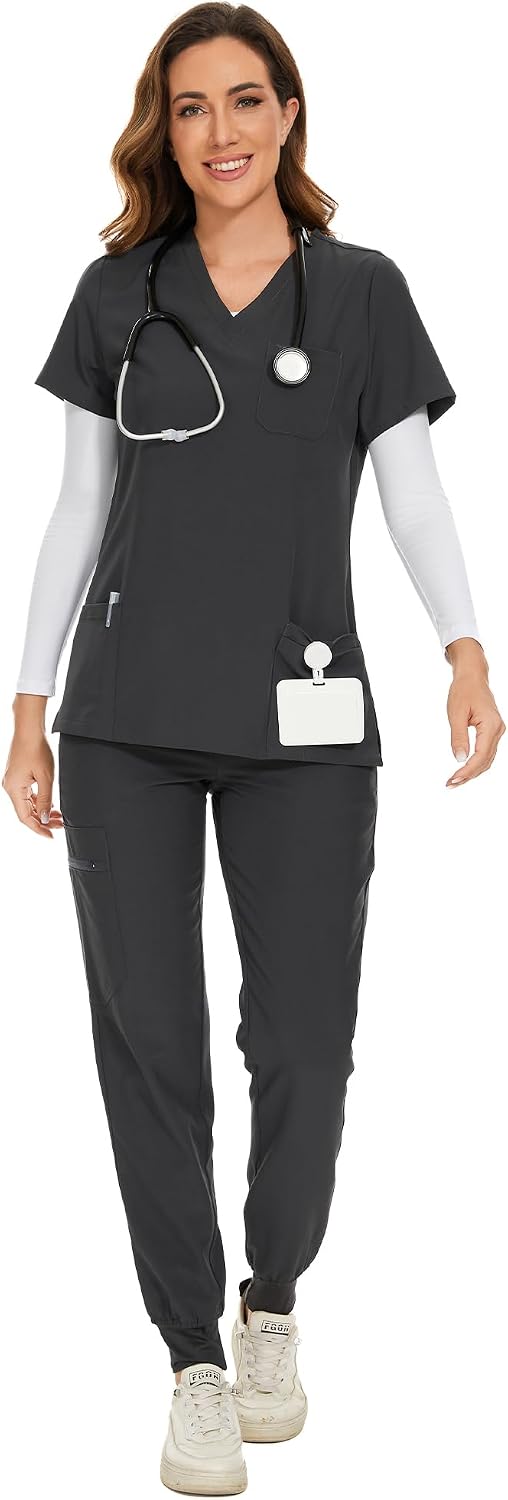 COZYFIT Damen-Kasack-Set – Stretch-V-Ausschnitt & Jogginghose mit 9 Taschen