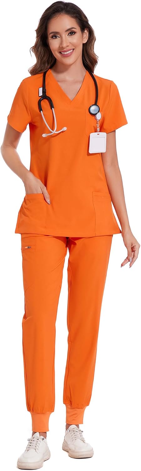 COZYFIT Damen-Kasack-Set – Stretch-V-Ausschnitt & Jogginghose mit 9 Taschen