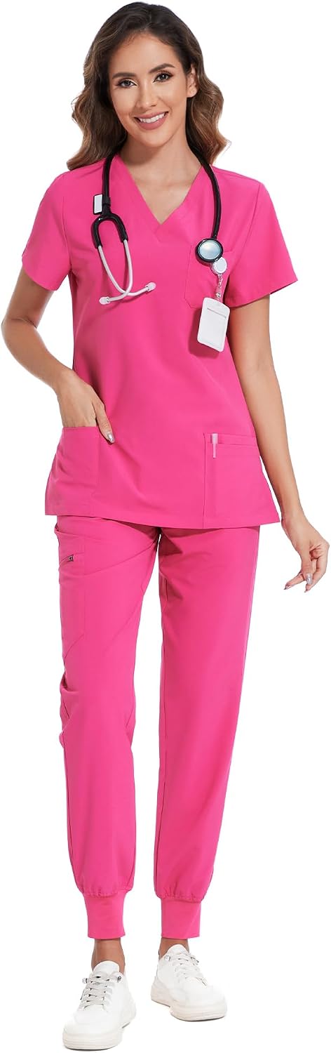 COZYFIT Damen-Kasack-Set – Stretch-V-Ausschnitt & Jogginghose mit 9 Taschen