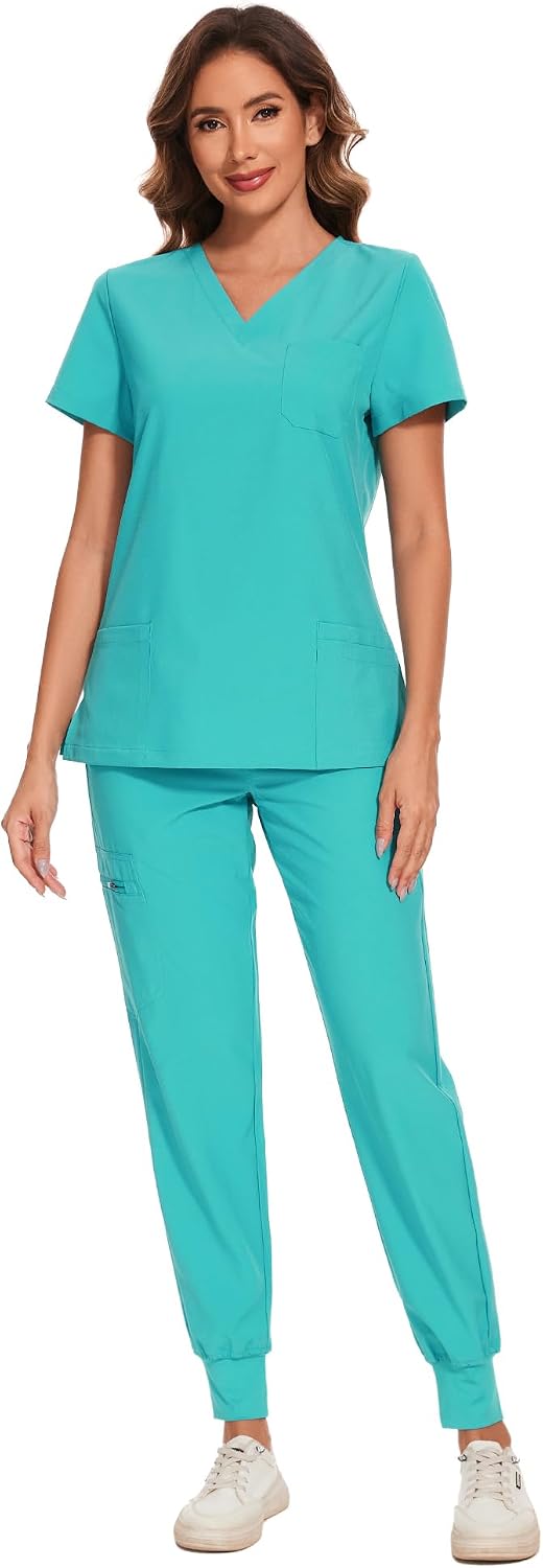COZYFIT Damen-Kasack-Set – Stretch-V-Ausschnitt & Jogginghose mit 9 Taschen