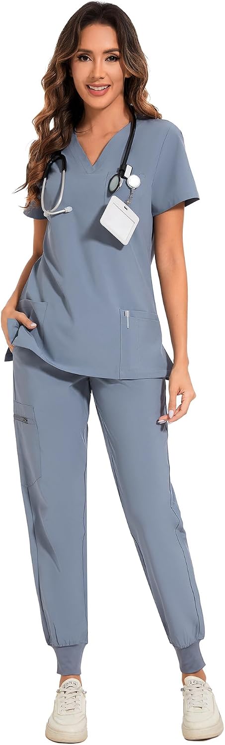 COZYFIT Damen-Kasack-Set – Stretch-V-Ausschnitt & Jogginghose mit 9 Taschen