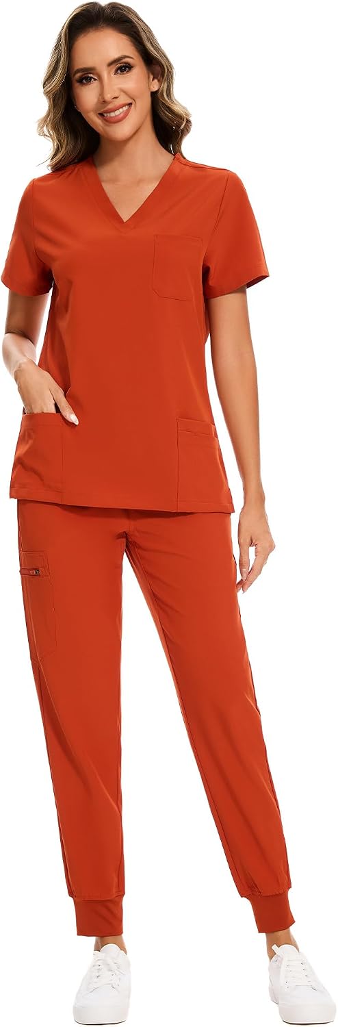 COZYFIT Damen-Kasack-Set – Stretch-V-Ausschnitt & Jogginghose mit 9 Taschen