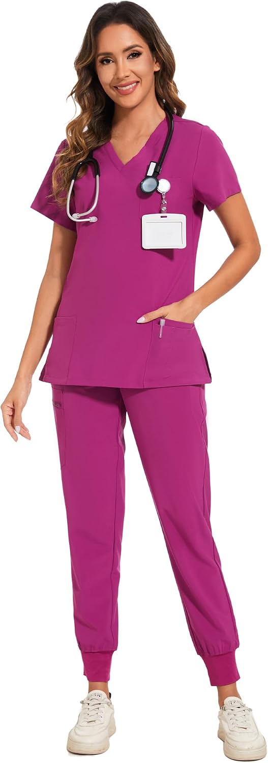 COZYFIT Damen-Kasack-Set – Stretch-V-Ausschnitt & Jogginghose mit 9 Taschen