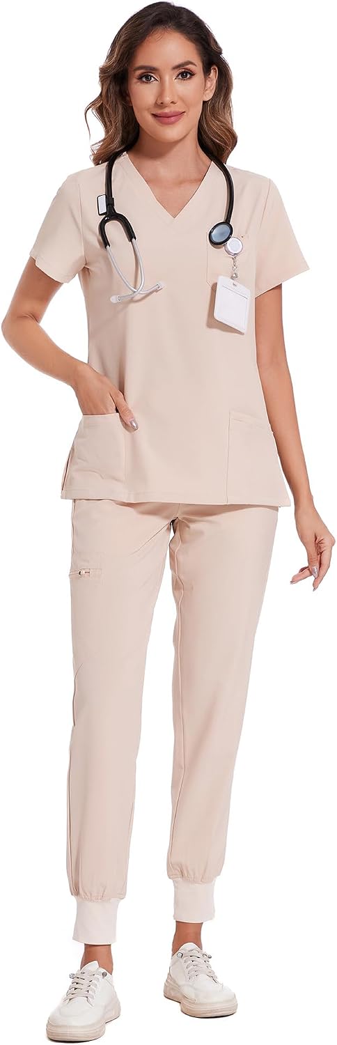 COZYFIT Damen-Kasack-Set – Stretch-V-Ausschnitt & Jogginghose mit 9 Taschen
