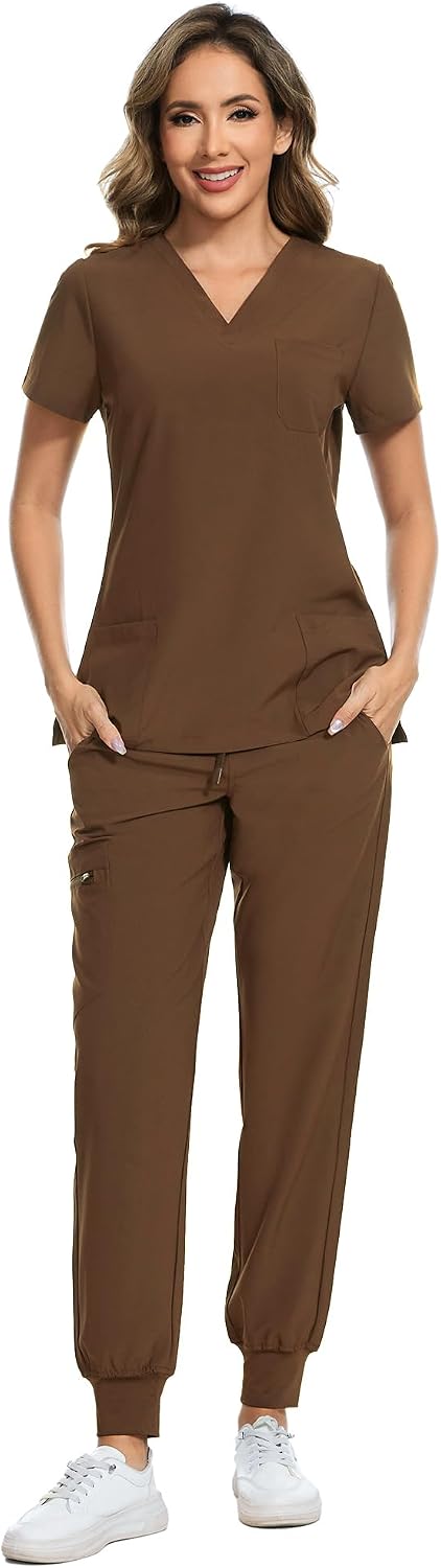 COZYFIT Damen-Kasack-Set – Stretch-V-Ausschnitt & Jogginghose mit 9 Taschen