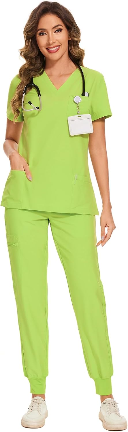 COZYFIT Damen-Kasack-Set – Stretch-V-Ausschnitt & Jogginghose mit 9 Taschen