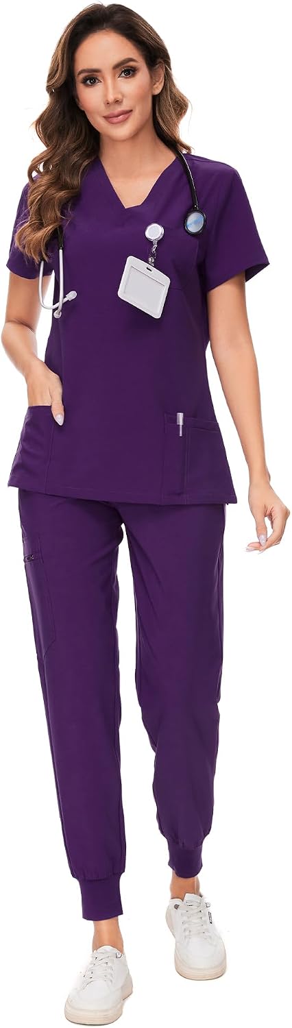 COZYFIT Damen-Kasack-Set – Stretch-V-Ausschnitt & Jogginghose mit 9 Taschen