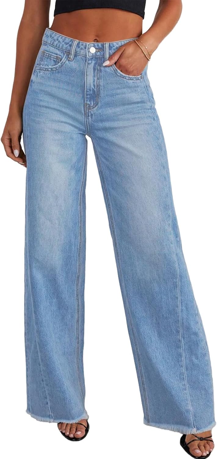 Sidefeel Damen Jeans mit weitem Bein, hoch taillierte, elastische Denim-Hose