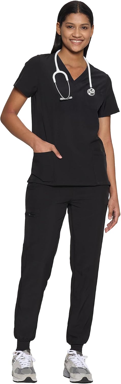 COZYFIT Damen-Kasack-Set – Stretch-V-Ausschnitt & Jogginghose mit 9 Taschen