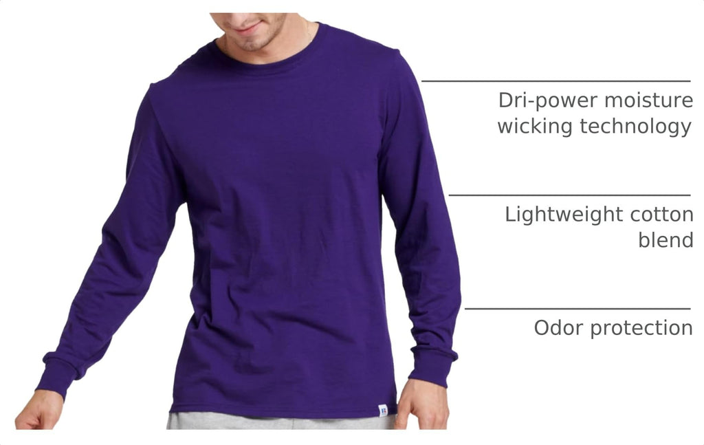 Russell Athletic Men's Dri-Power Long Sleeve Tees, Moisture Wicking, Odor Protection, UPF 30+