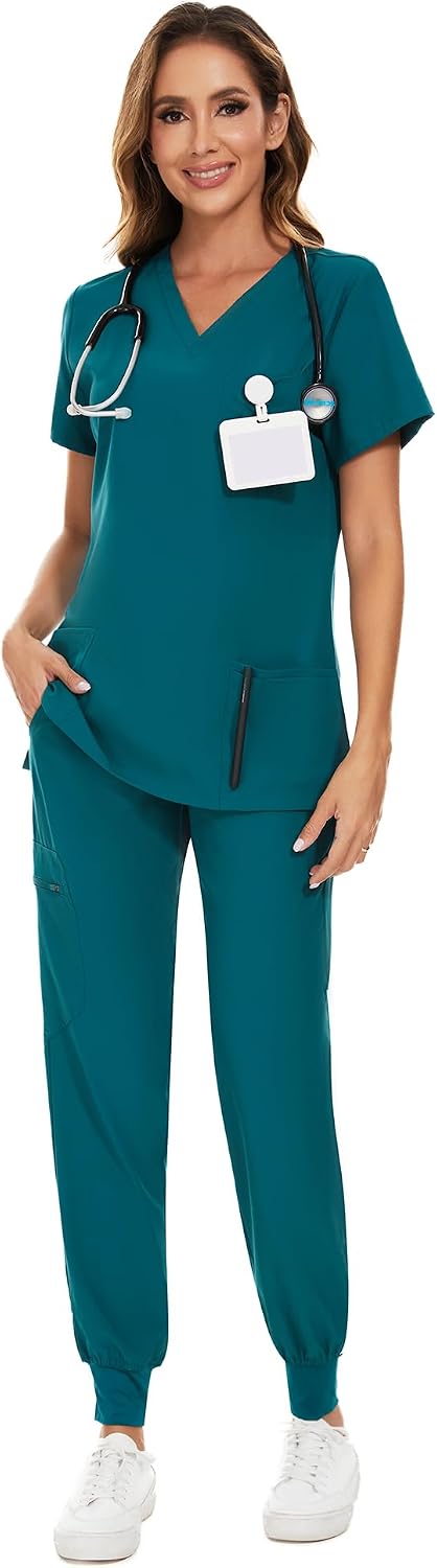 COZYFIT Damen-Kasack-Set – Stretch-V-Ausschnitt & Jogginghose mit 9 Taschen