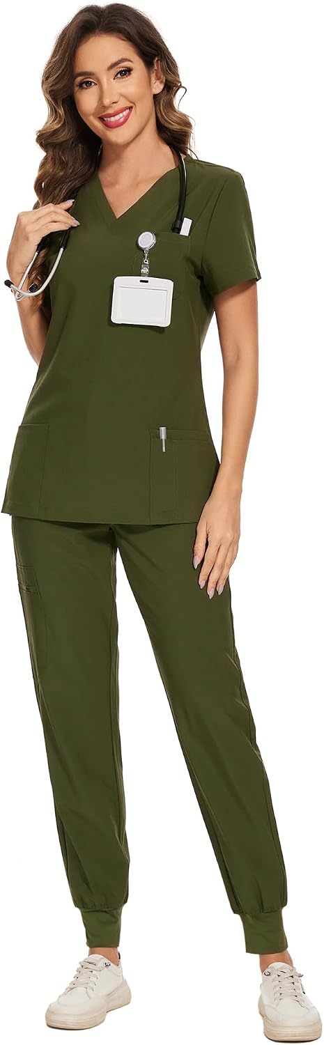 COZYFIT Damen-Kasack-Set – Stretch-V-Ausschnitt & Jogginghose mit 9 Taschen