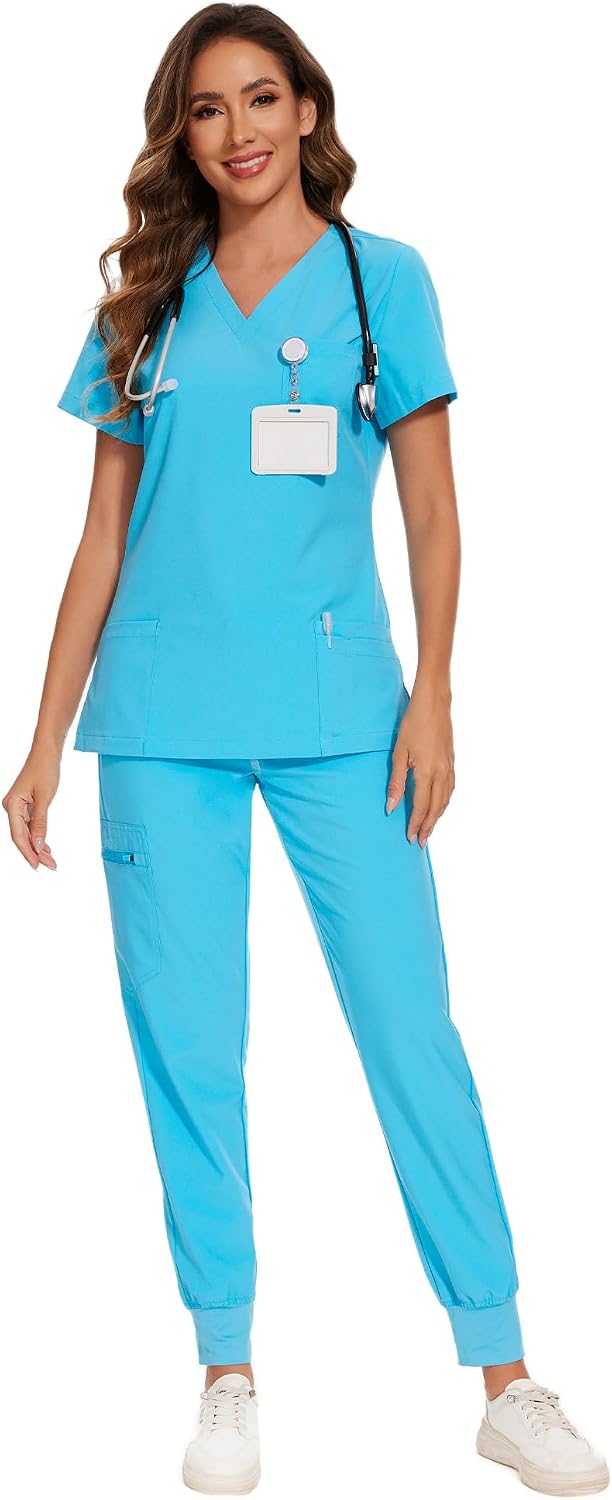 COZYFIT Damen-Kasack-Set – Stretch-V-Ausschnitt & Jogginghose mit 9 Taschen