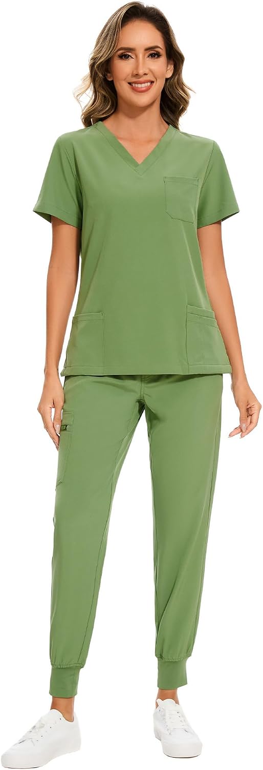 COZYFIT Damen-Kasack-Set – Stretch-V-Ausschnitt & Jogginghose mit 9 Taschen