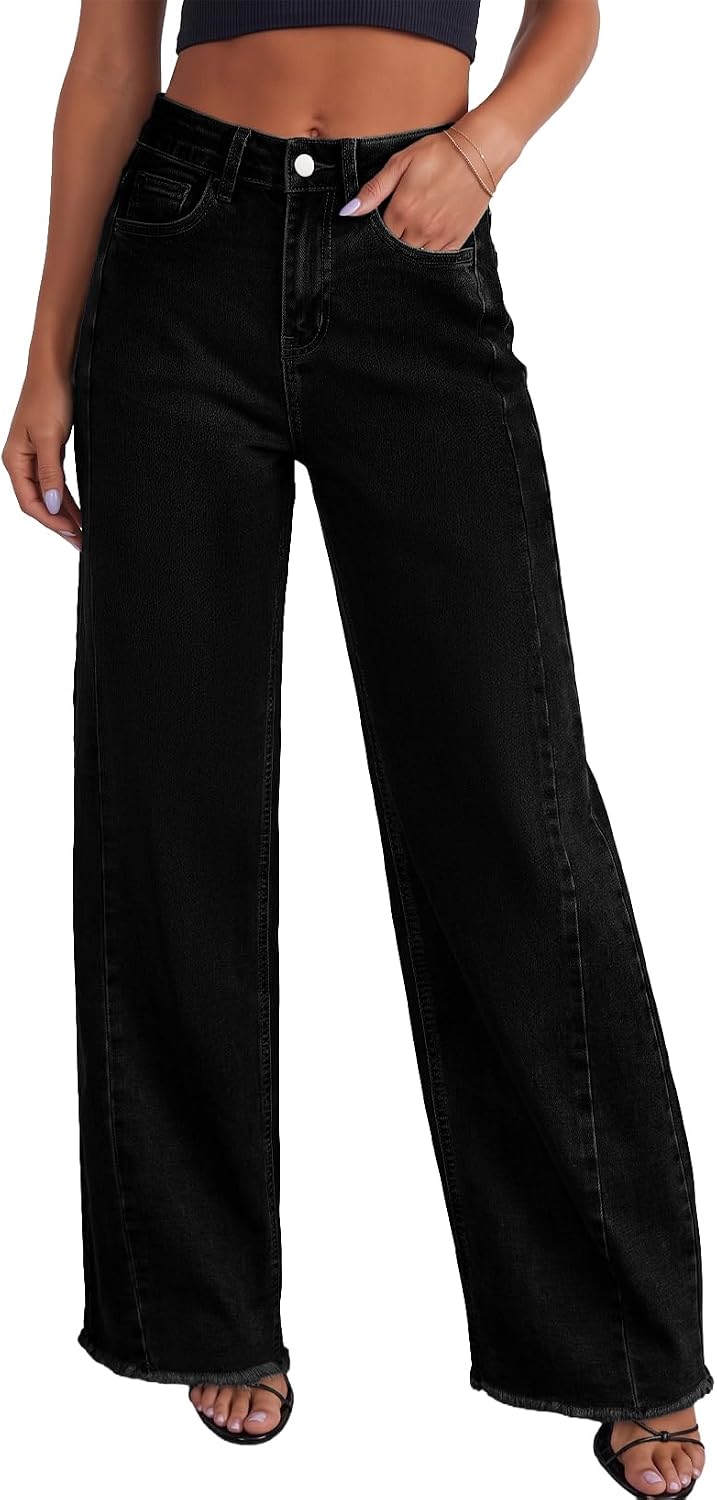 Sidefeel Damen Jeans mit weitem Bein, hoch taillierte, elastische Denim-Hose