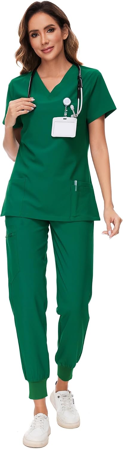 COZYFIT Damen-Kasack-Set – Stretch-V-Ausschnitt & Jogginghose mit 9 Taschen