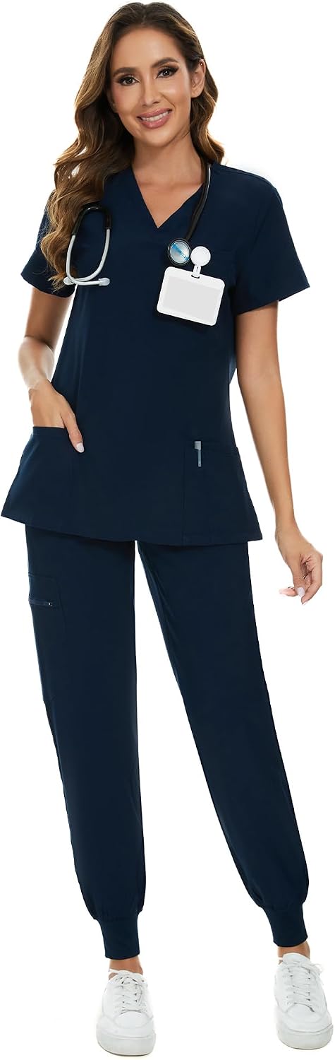 COZYFIT Damen-Kasack-Set – Stretch-V-Ausschnitt & Jogginghose mit 9 Taschen