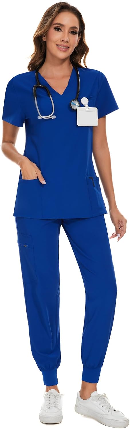 COZYFIT Damen-Kasack-Set – Stretch-V-Ausschnitt & Jogginghose mit 9 Taschen