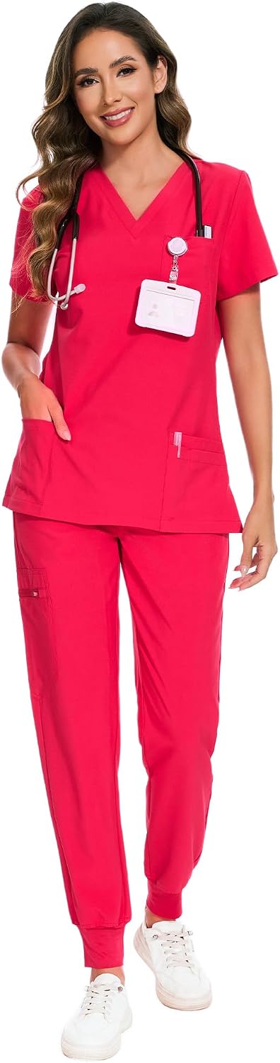 COZYFIT Damen-Kasack-Set – Stretch-V-Ausschnitt & Jogginghose mit 9 Taschen