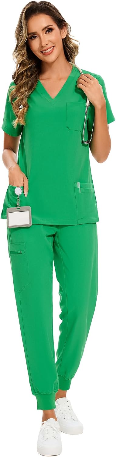 COZYFIT Damen-Kasack-Set – Stretch-V-Ausschnitt & Jogginghose mit 9 Taschen