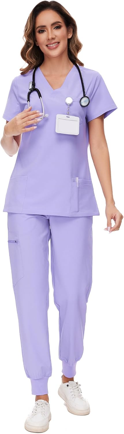 COZYFIT Damen-Kasack-Set – Stretch-V-Ausschnitt & Jogginghose mit 9 Taschen