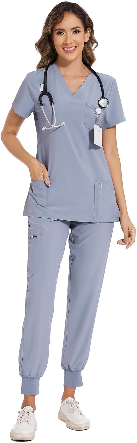 COZYFIT Damen-Kasack-Set – Stretch-V-Ausschnitt & Jogginghose mit 9 Taschen