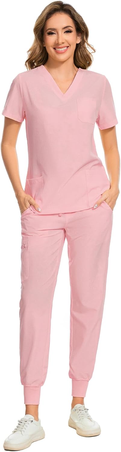 COZYFIT Damen-Kasack-Set – Stretch-V-Ausschnitt & Jogginghose mit 9 Taschen