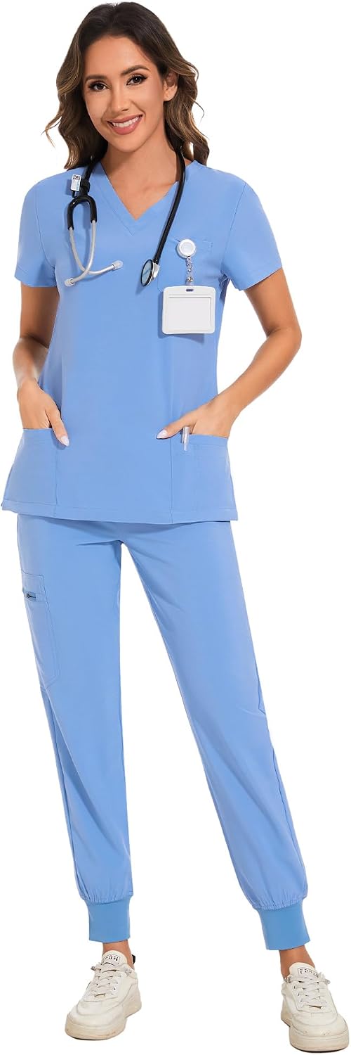 COZYFIT Damen-Kasack-Set – Stretch-V-Ausschnitt & Jogginghose mit 9 Taschen
