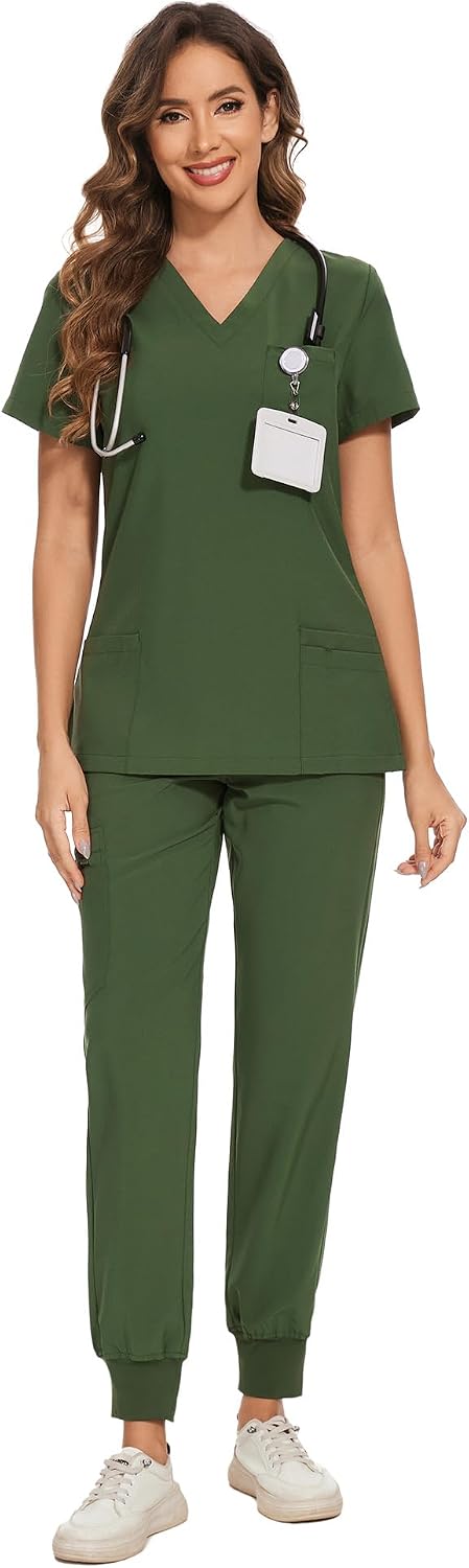 COZYFIT Damen-Kasack-Set – Stretch-V-Ausschnitt & Jogginghose mit 9 Taschen