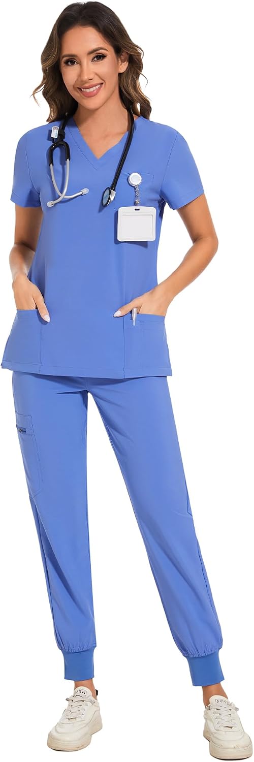 COZYFIT Damen-Kasack-Set – Stretch-V-Ausschnitt & Jogginghose mit 9 Taschen