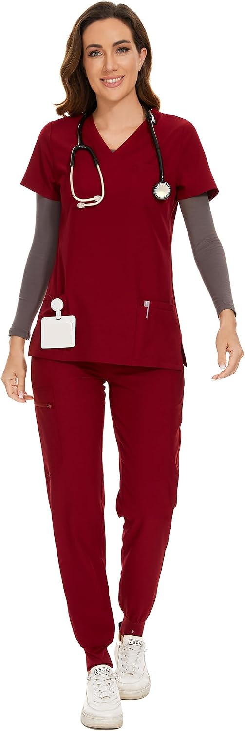 COZYFIT Damen-Kasack-Set – Stretch-V-Ausschnitt & Jogginghose mit 9 Taschen