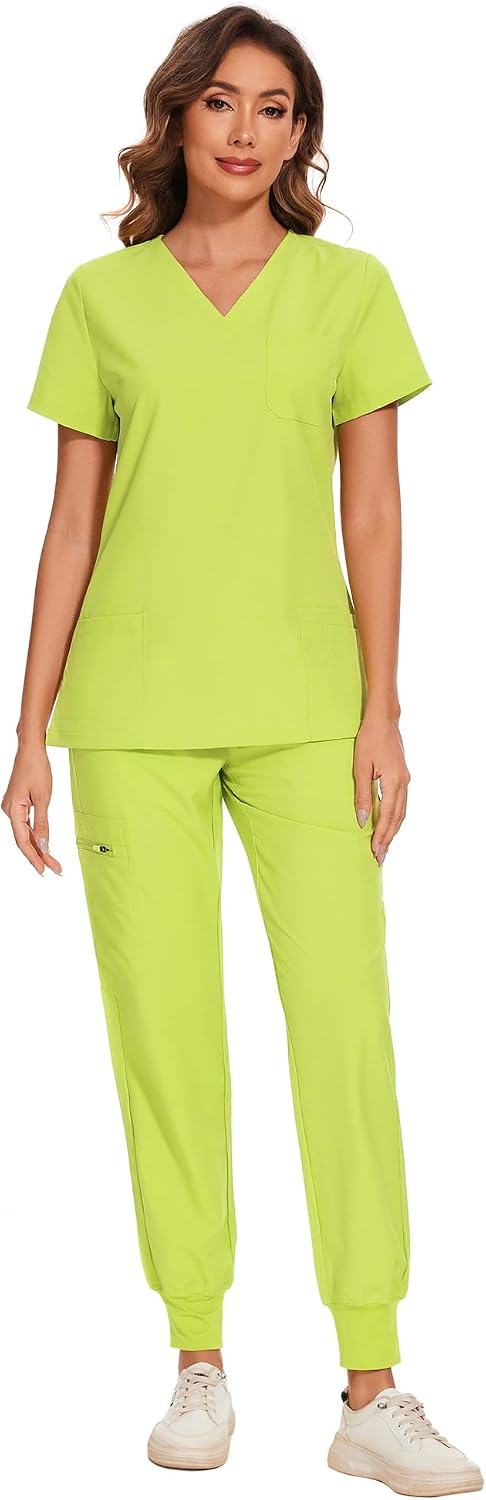COZYFIT Damen-Kasack-Set – Stretch-V-Ausschnitt & Jogginghose mit 9 Taschen