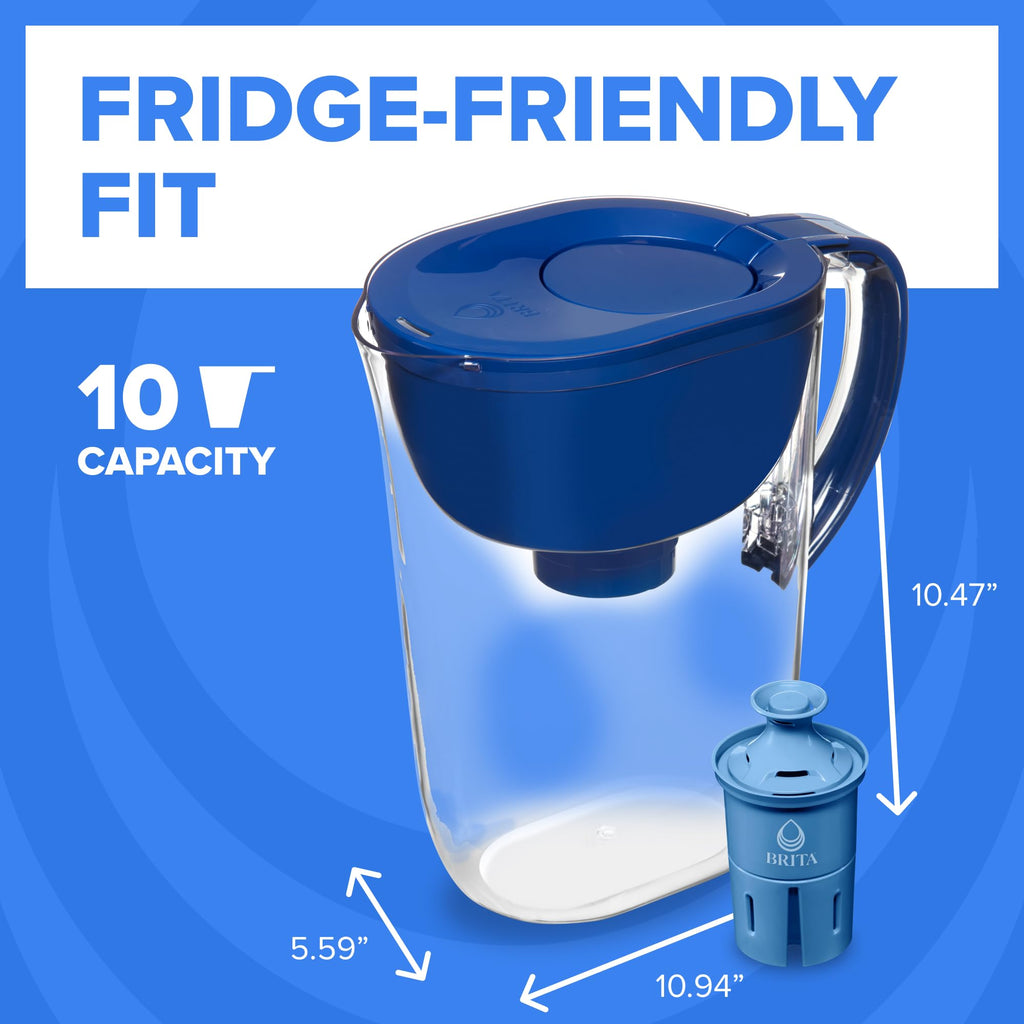 Brita 10 Cup Elite Filter Pitcher with Smart Light Indicator, Reduces 30+ Contaminants Including Lead and Microplastics, Filter Lasts 6 Months, Tahoe, Blue