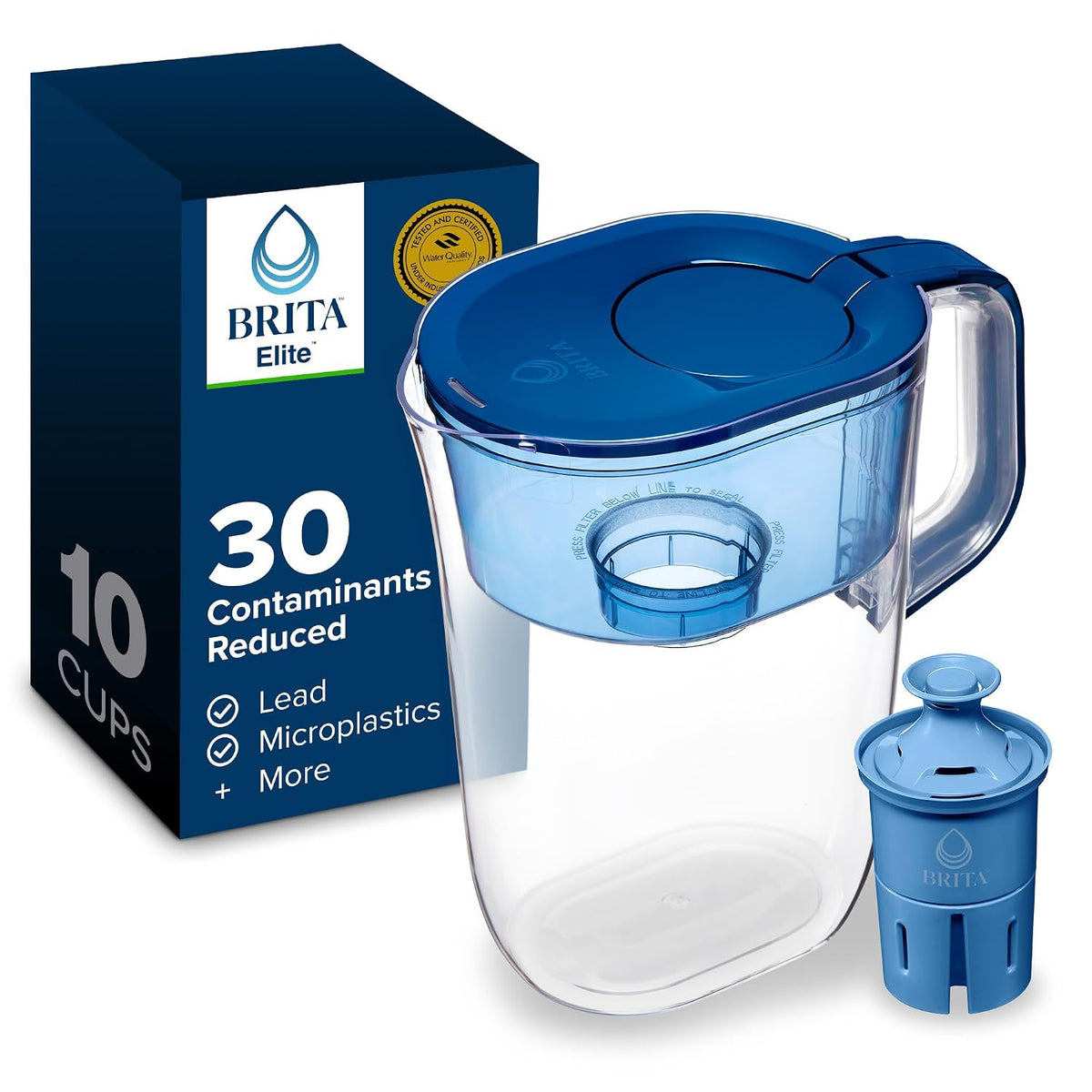 Brita 10 Cup Elite Filter Pitcher with Smart Light Indicator, Reduces 30+ Contaminants Including Lead and Microplastics, Filter Lasts 6 Months, Tahoe, Blue