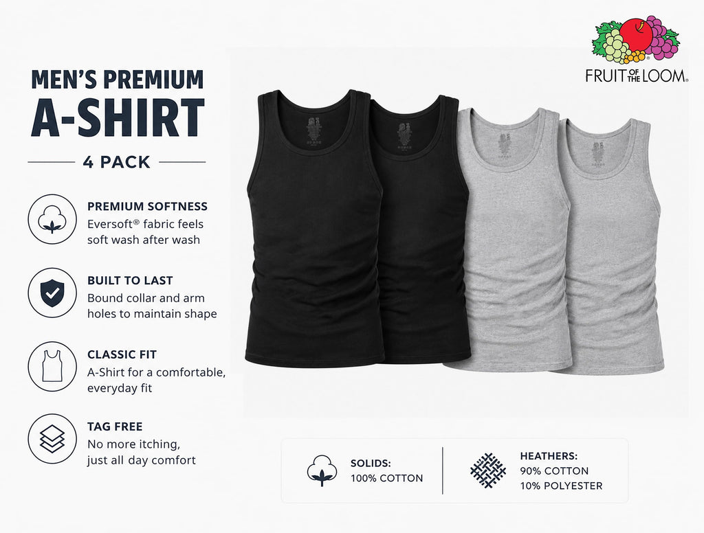 Fruit of the Loom Men's Sleeveless Tag Free Moisture Wicking Tank A-Shirt