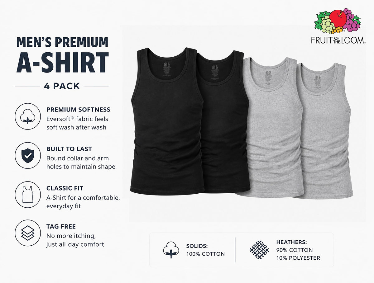 Fruit of the Loom Men's Sleeveless Tag Free Moisture Wicking Tank A-Shirt