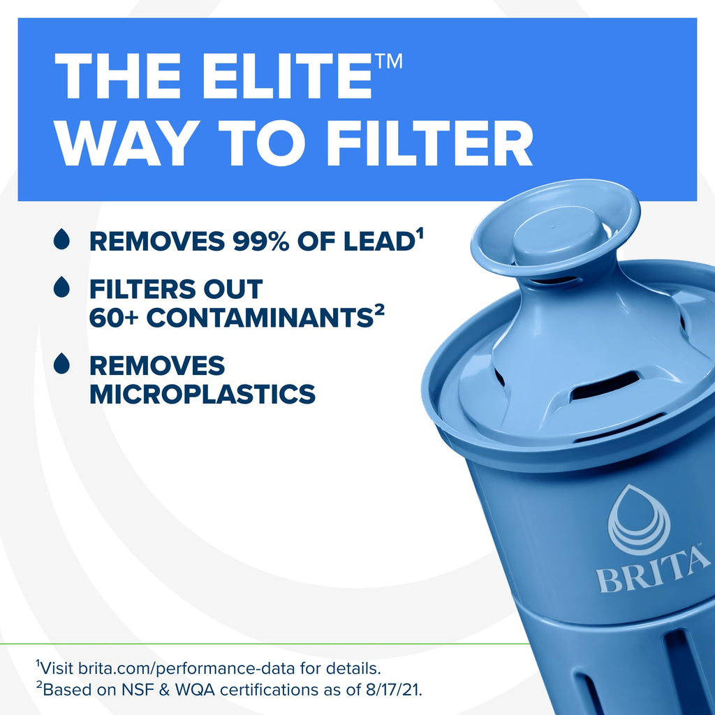 Brita 10 Cup Elite Filter Pitcher with Smart Light Indicator, Reduces 30+ Contaminants Including Lead and Microplastics, Filter Lasts 6 Months, Tahoe, Blue