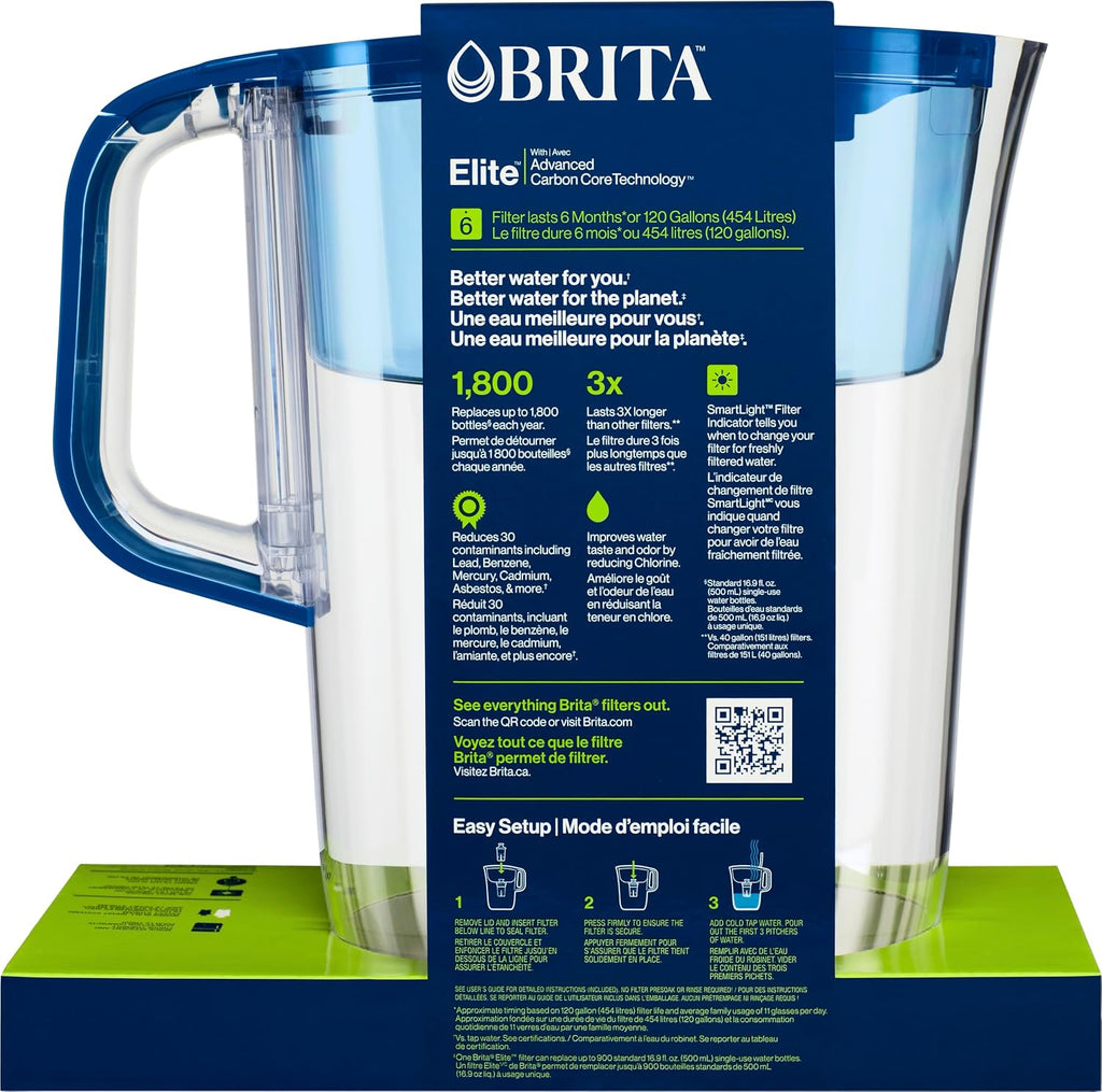 Brita 10 Cup Elite Filter Pitcher with Smart Light Indicator, Reduces 30+ Contaminants Including Lead and Microplastics, Filter Lasts 6 Months, Tahoe, Blue