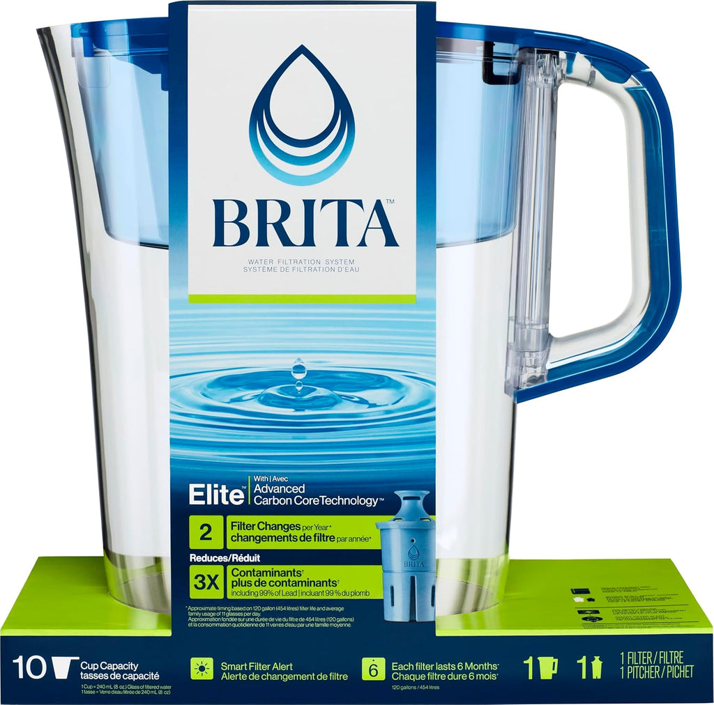 Brita 10 Cup Elite Filter Pitcher with Smart Light Indicator, Reduces 30+ Contaminants Including Lead and Microplastics, Filter Lasts 6 Months, Tahoe, Blue