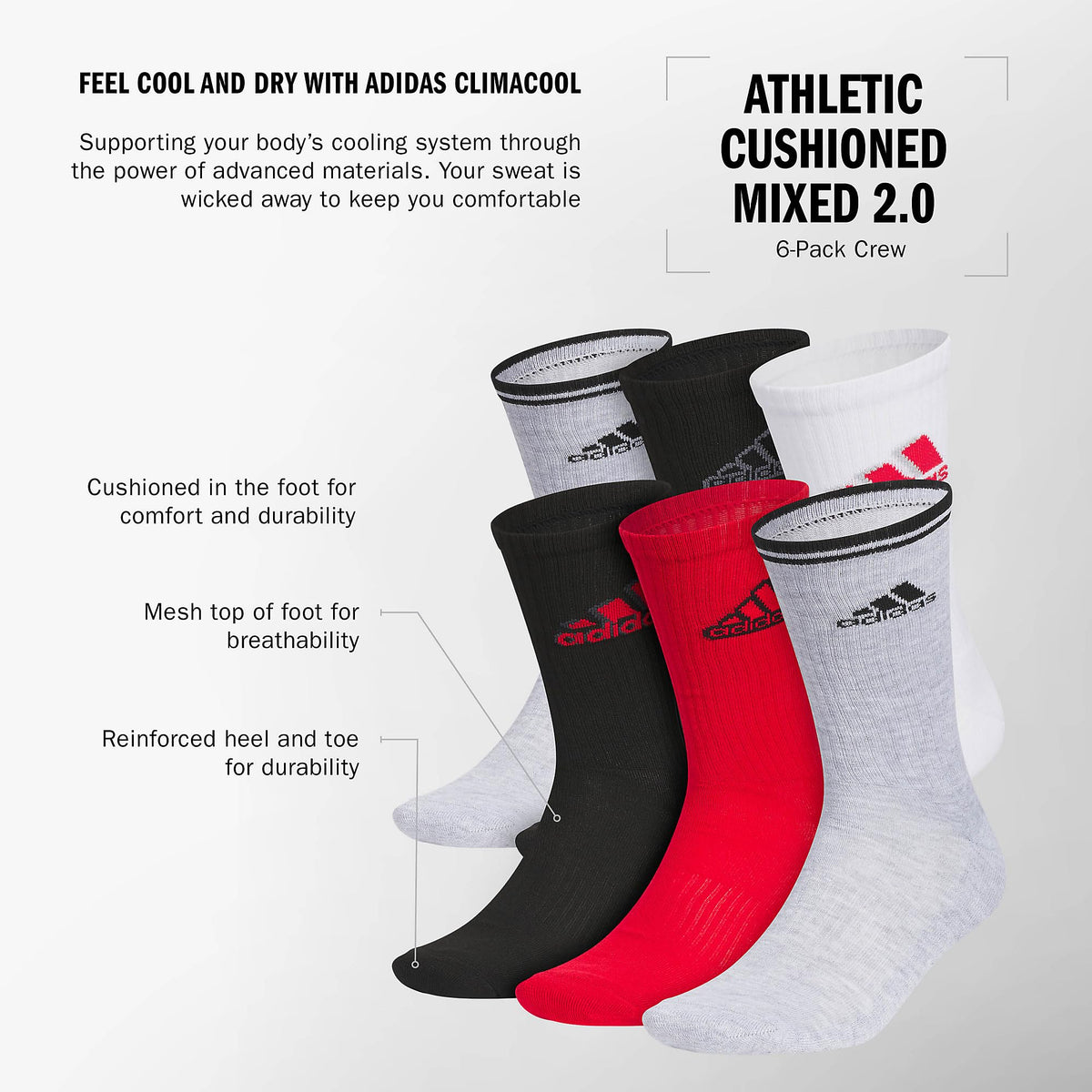 adidas Mens Athletic Crew Socks 6 Pairs Casual - White