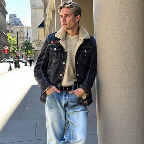 Herren-Jeansjacke in Schwarz mit Kunstfellfutter